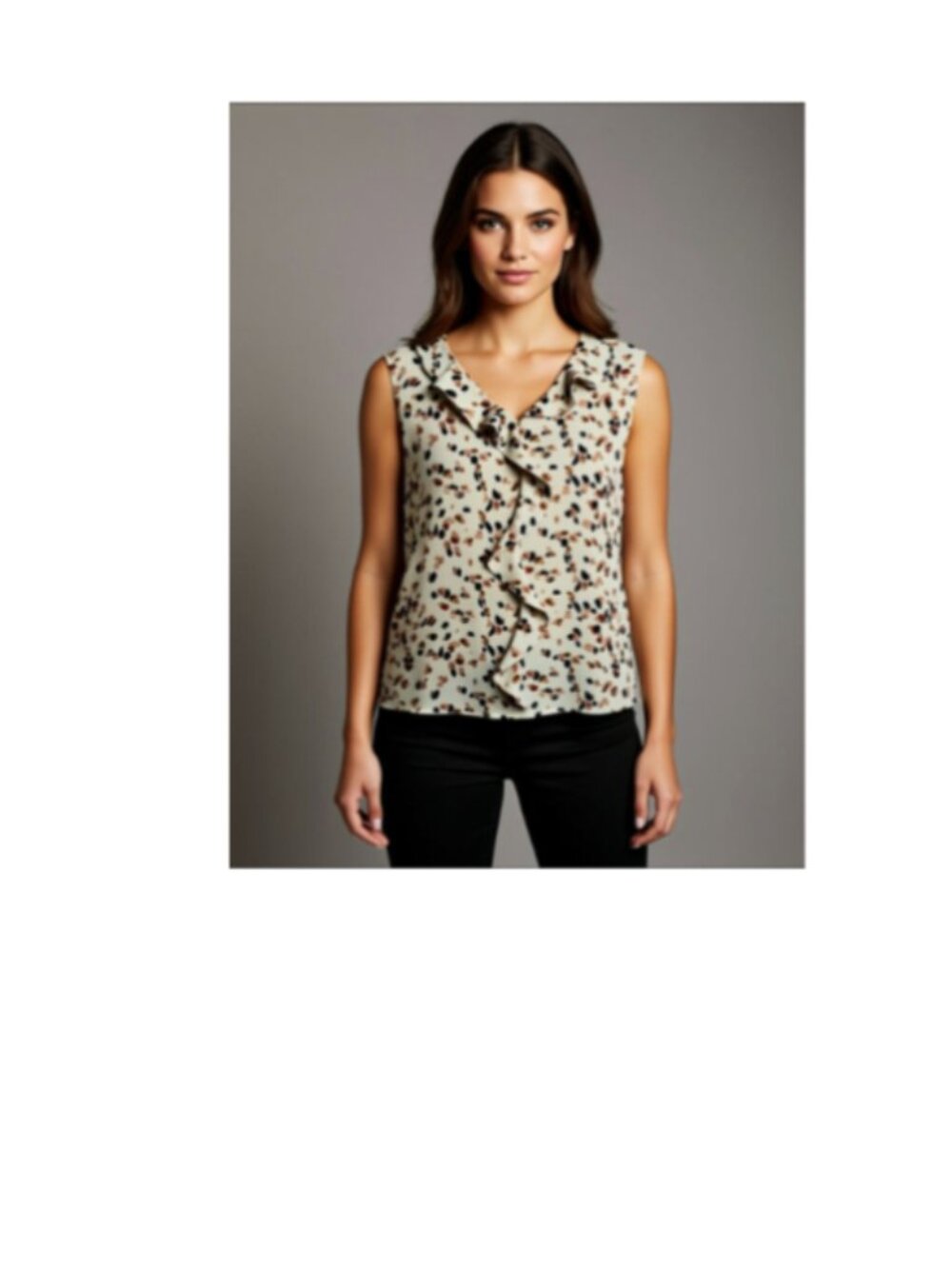 Gaharu Cream Ruffle-Front Sleeveless Camisole with Brown & Black Spot Print
